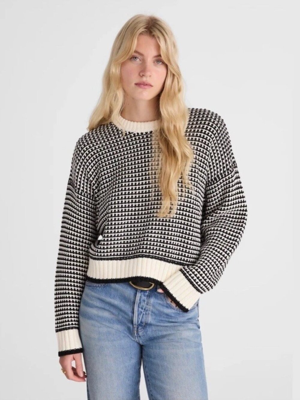 Madewell Black/Cream Joanna Textured Stitch Long Sleeve Sweater S NWOT